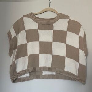 Mahina Tan and White Crew Neck Sweater with Checkered Design